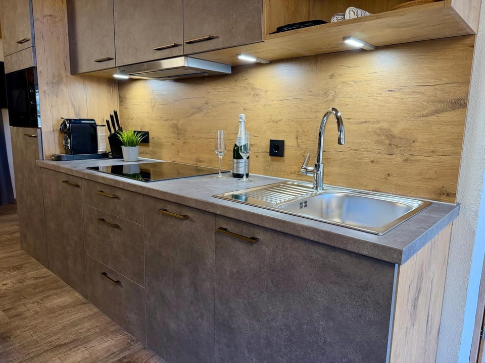 Kitchen or kitchenette, stove