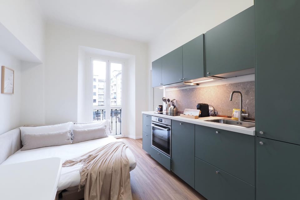 Kitchen or kitchenette, stove