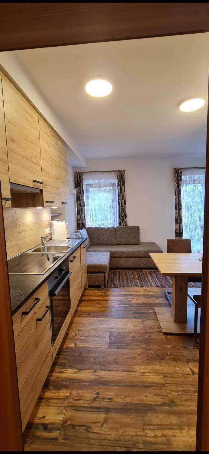 Kitchen or kitchenette, Living room, Seating area, Dining area