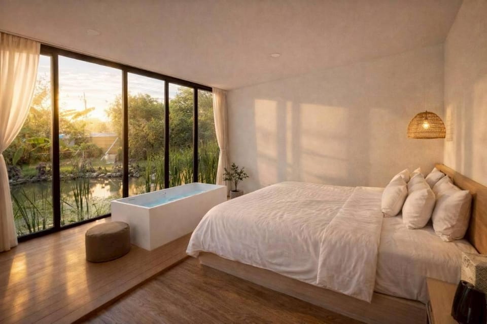 Bed, Natural landscape, Hot Tub, View (from property/room), Photo of the whole room, Bedroom, Lake view, Bath