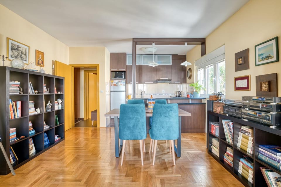Library, Living room, Seating area, Dining area