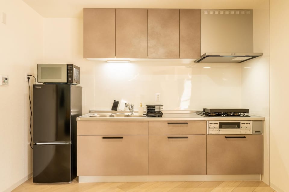 Kitchen or kitchenette, microwave, stove