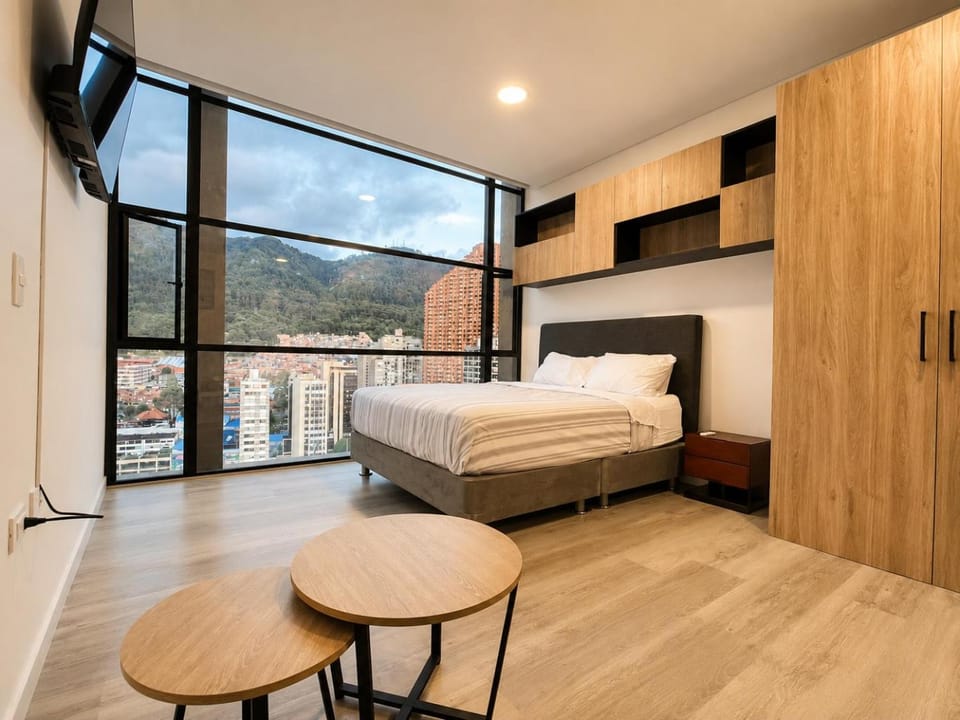 Bed, wardrobe