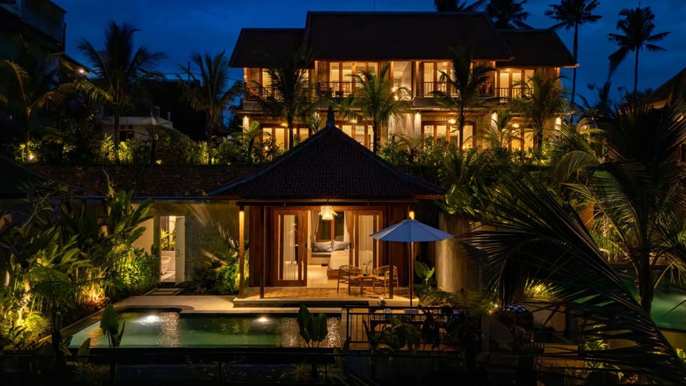 Property building, Night, Garden, Garden view, Pool view, Swimming pool