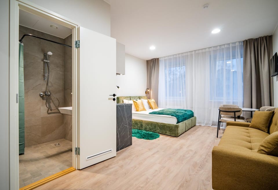 Shower, Bed, Bathroom, Seating area, Bedroom