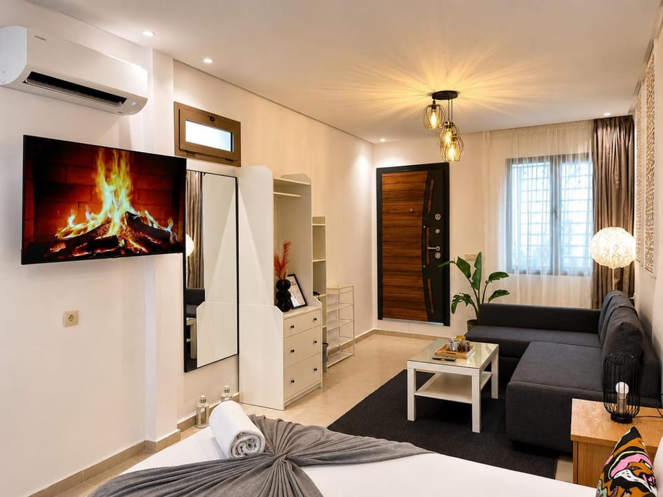 Communal lounge/ TV room, Bed, TV and multimedia, Kitchen or kitchenette, Living room, Photo of the whole room, Seating area, Dining area, Evening entertainment, Bedroom, air conditioner