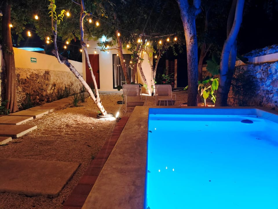 Night, Garden, Swimming pool