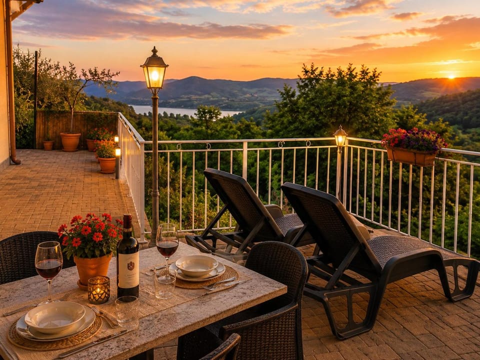 Property building, Natural landscape, Balcony/Terrace, Sunset, sunbed