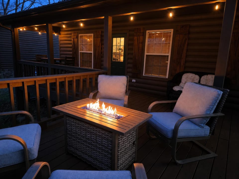 Patio, Night, Seating area, fireplace