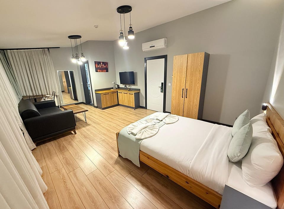 Communal lounge/ TV room, Bed, TV and multimedia, Living room, Photo of the whole room, Seating area, Evening entertainment, Bedroom, fireplace, towels, air conditioner