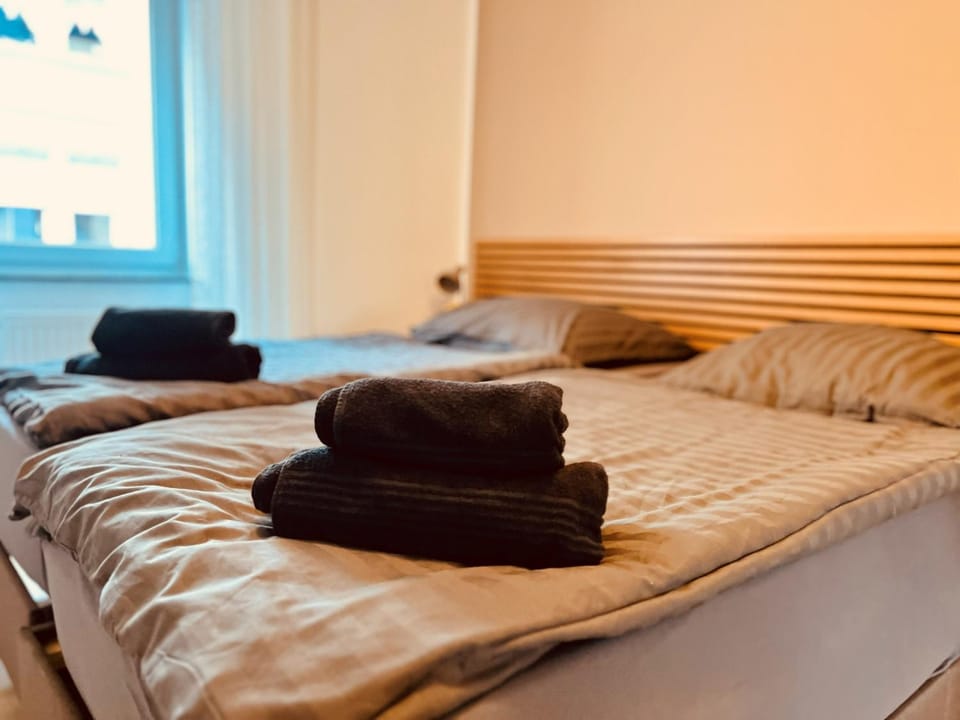 Bed, towels, towels