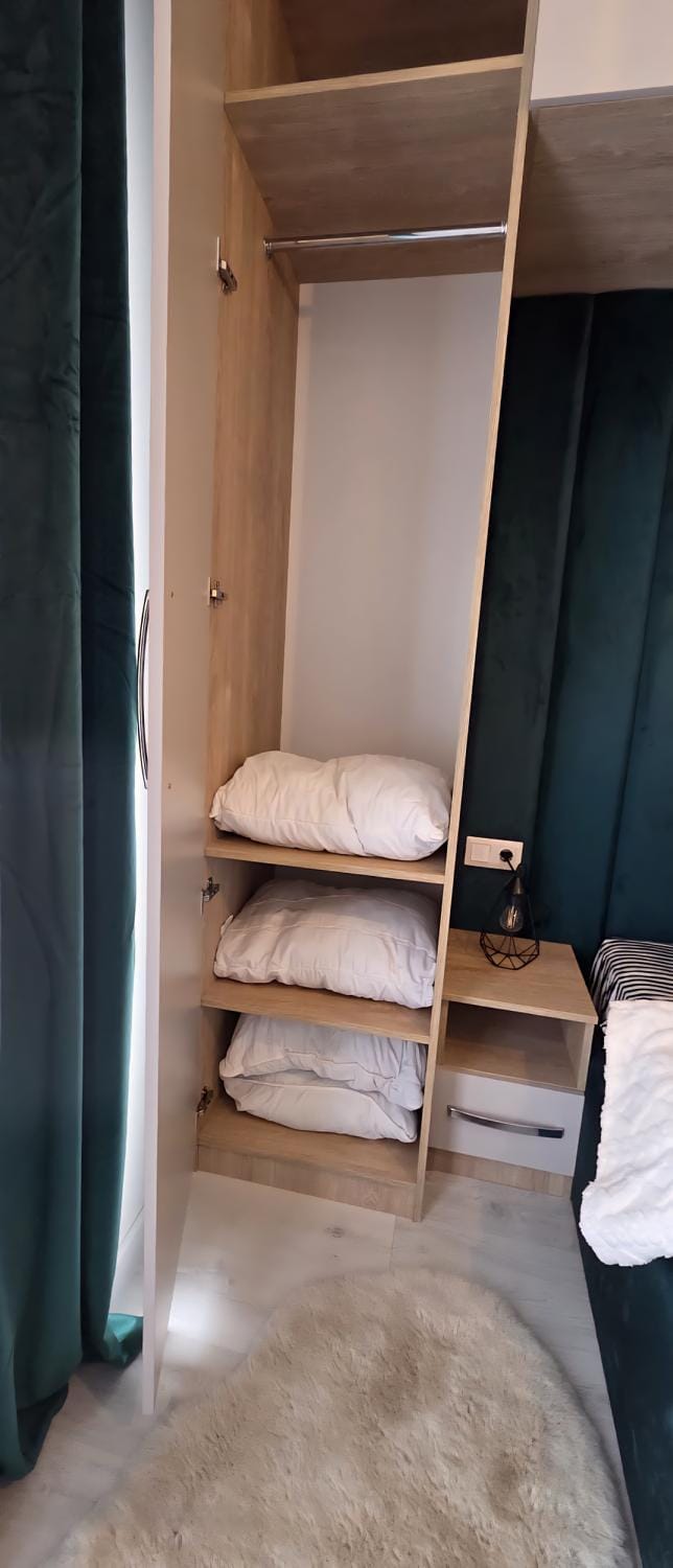 Bed, Photo of the whole room, Bedroom, towels, wardrobe