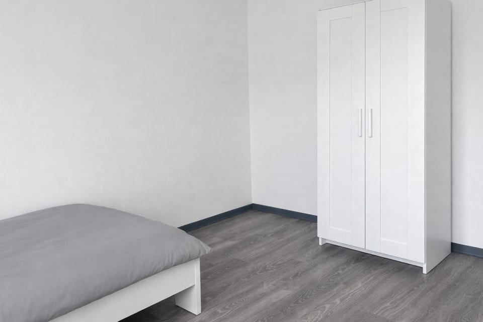 Bed, wardrobe