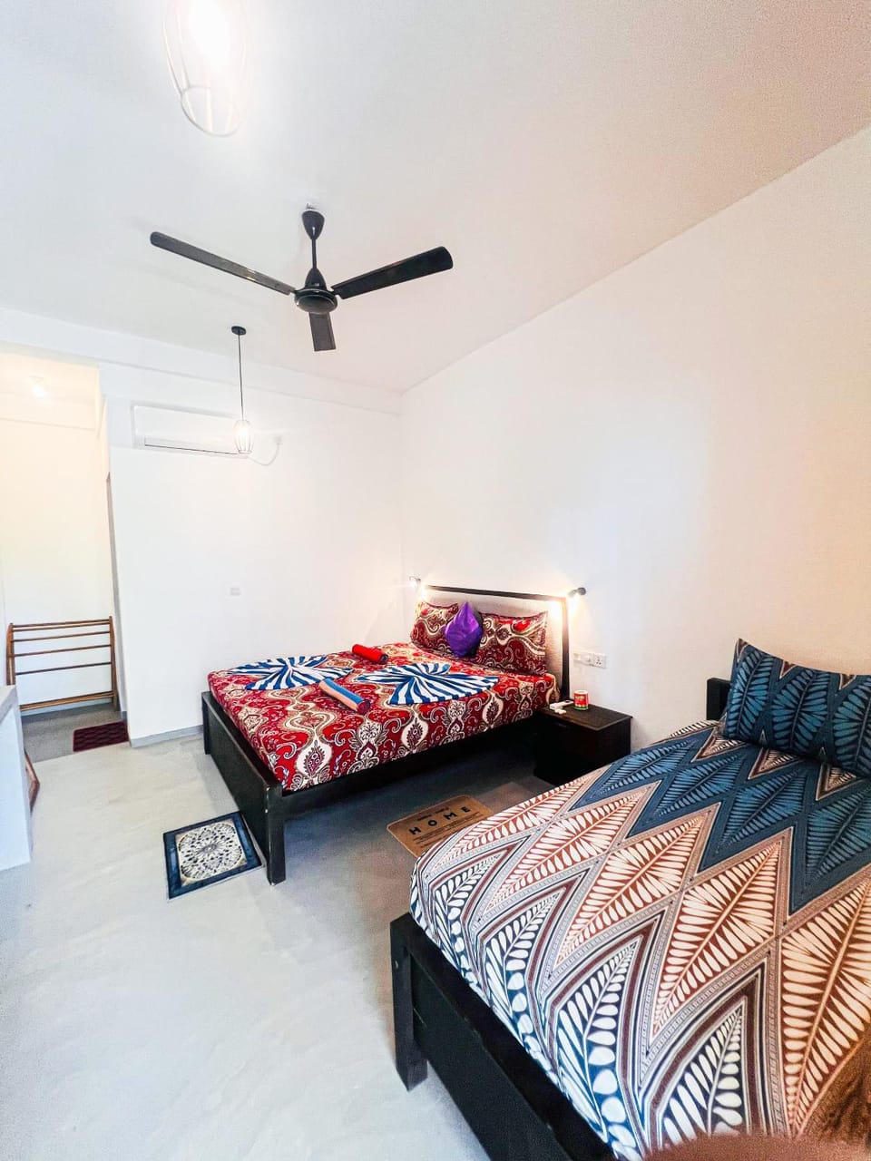 Bed, Photo of the whole room, Bedroom, hair dryier, towels, wardrobe, air conditioner