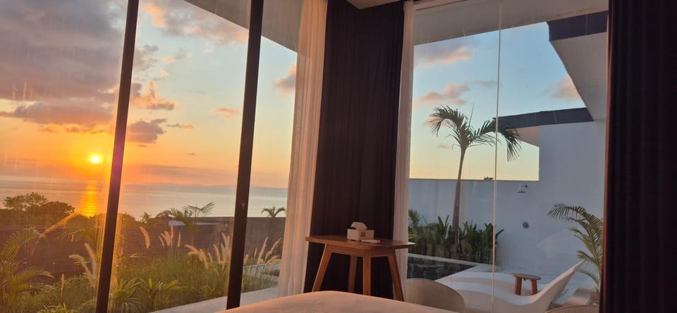 Bed, View (from property/room), Balcony/Terrace, Bedroom, Garden view, Pool view, Sea view, Swimming pool, Sunrise, Sunset, sunbed