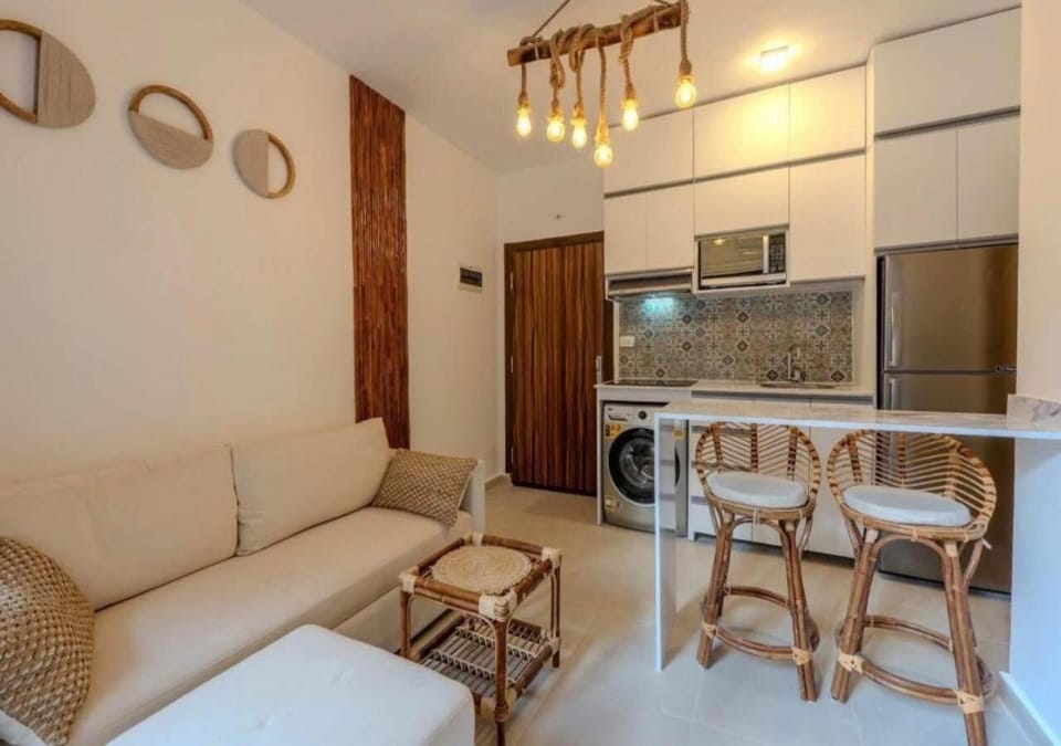 Kitchen or kitchenette, Living room, Seating area, Dining area