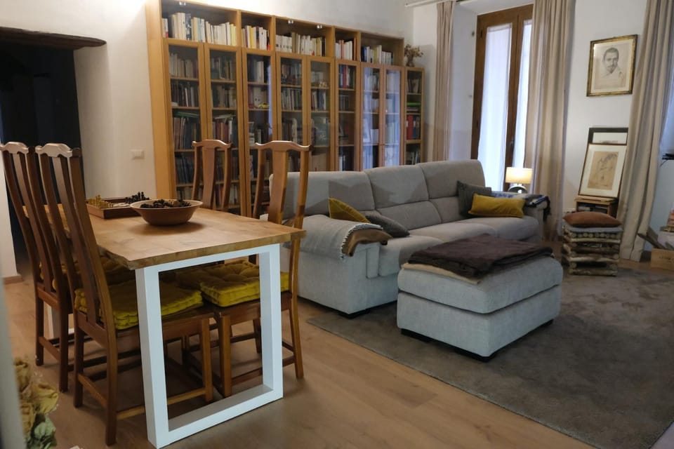 Library, Living room, Seating area, Dining area