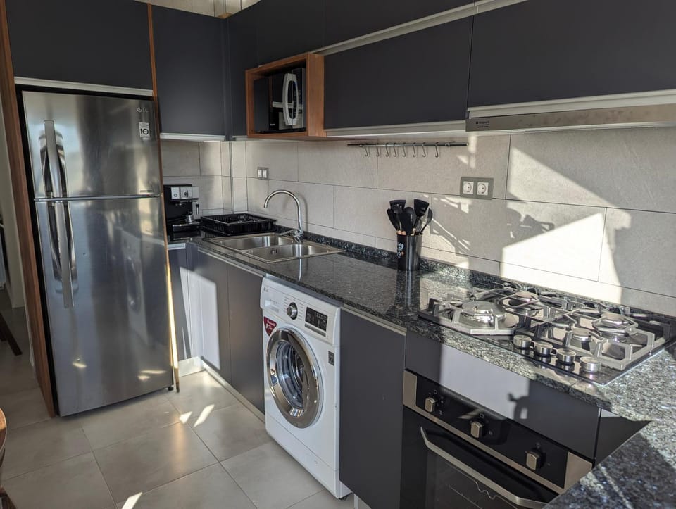Kitchen or kitchenette, oven, stove, washing machine