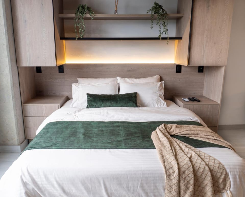 Bed, wardrobe