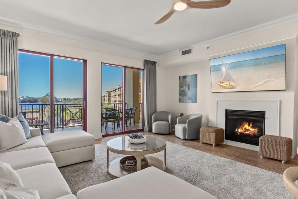 Day, View (from property/room), Balcony/Terrace, Living room, Seating area, fireplace, furniture, air conditioner