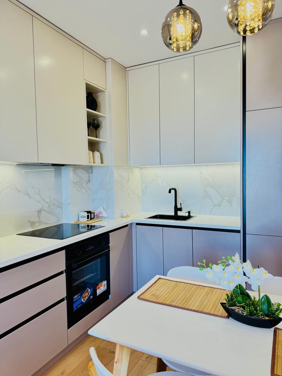 Kitchen or kitchenette, stove