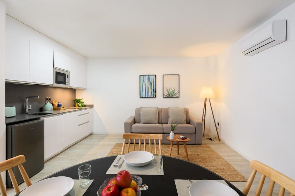 Kitchen or kitchenette, Living room, Seating area, Dining area, stove, air conditioner