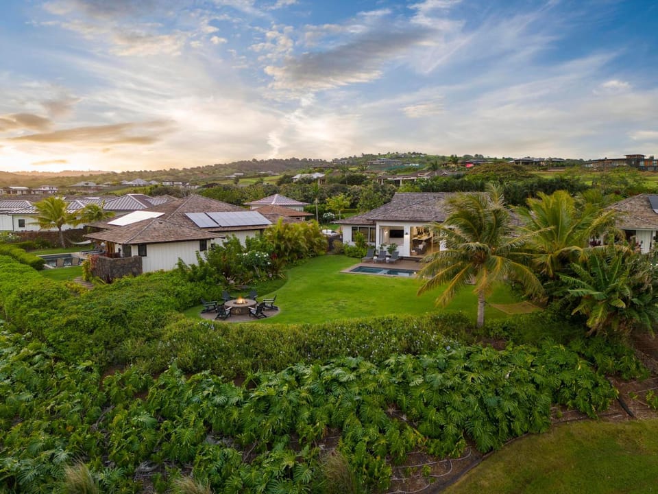 Property building, Natural landscape, Garden view, Sunset