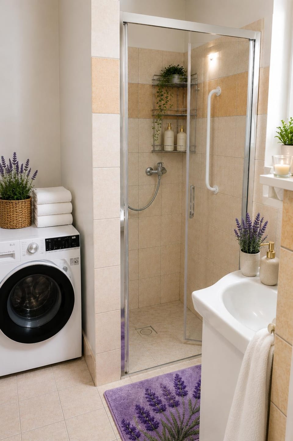 Shower, Bathroom, towels, washing machine, dryer