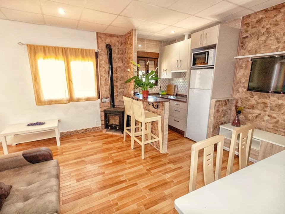 Kitchen or kitchenette, Living room, fireplace, stove
