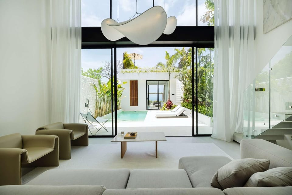Living room, Seating area, Pool view