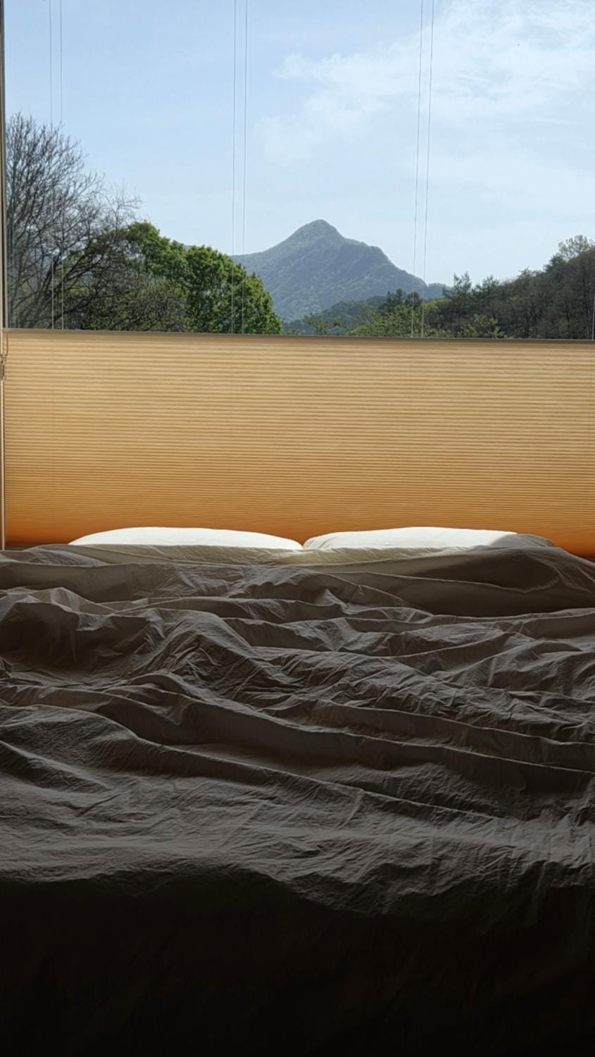 Bed, Natural landscape, Photo of the whole room, Bedroom, Mountain view
