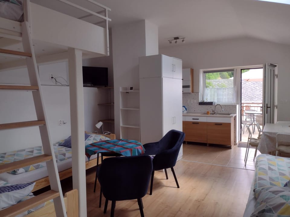 Bed, TV and multimedia, Kitchen or kitchenette, Living room, Photo of the whole room, Seating area, Dining area, Bedroom