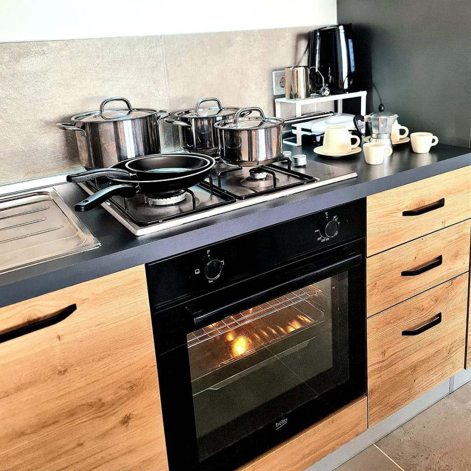 Kitchen or kitchenette, stove