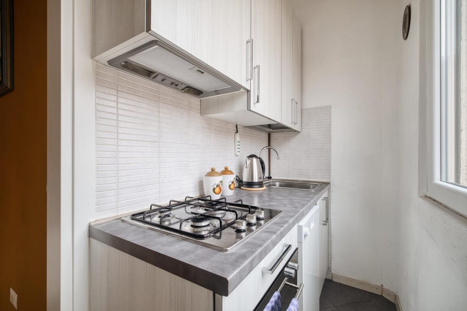Kitchen or kitchenette, stove