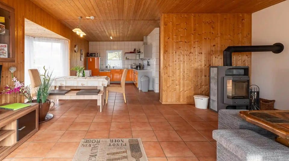 Kitchen or kitchenette, Living room, fireplace, stove