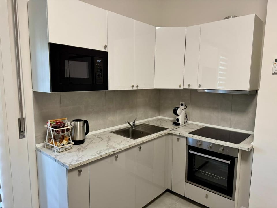 Kitchen or kitchenette, microwave, oven