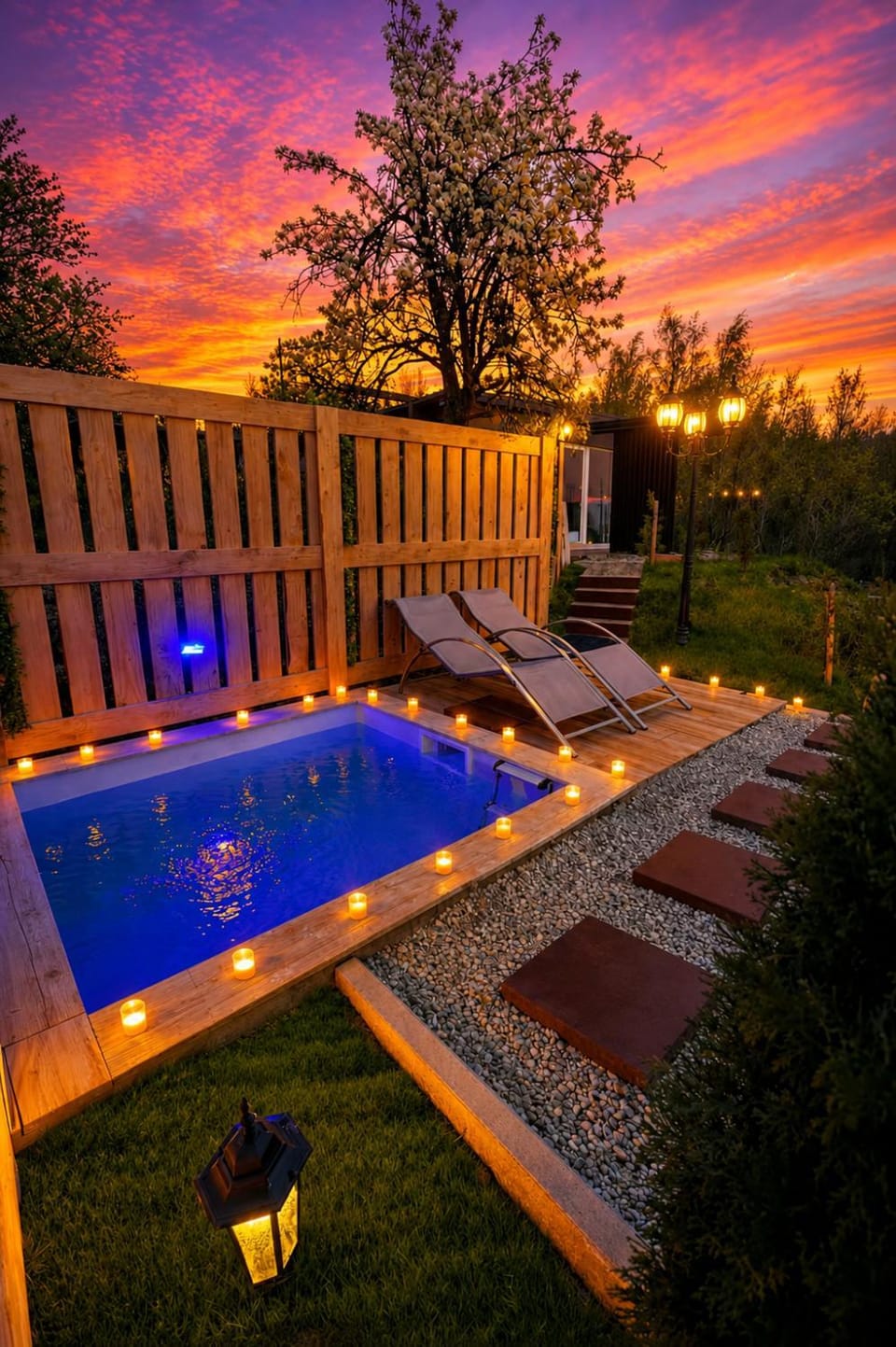 Natural landscape, Garden, Garden view, Pool view, Swimming pool, Sunrise, Sunset, sunbed