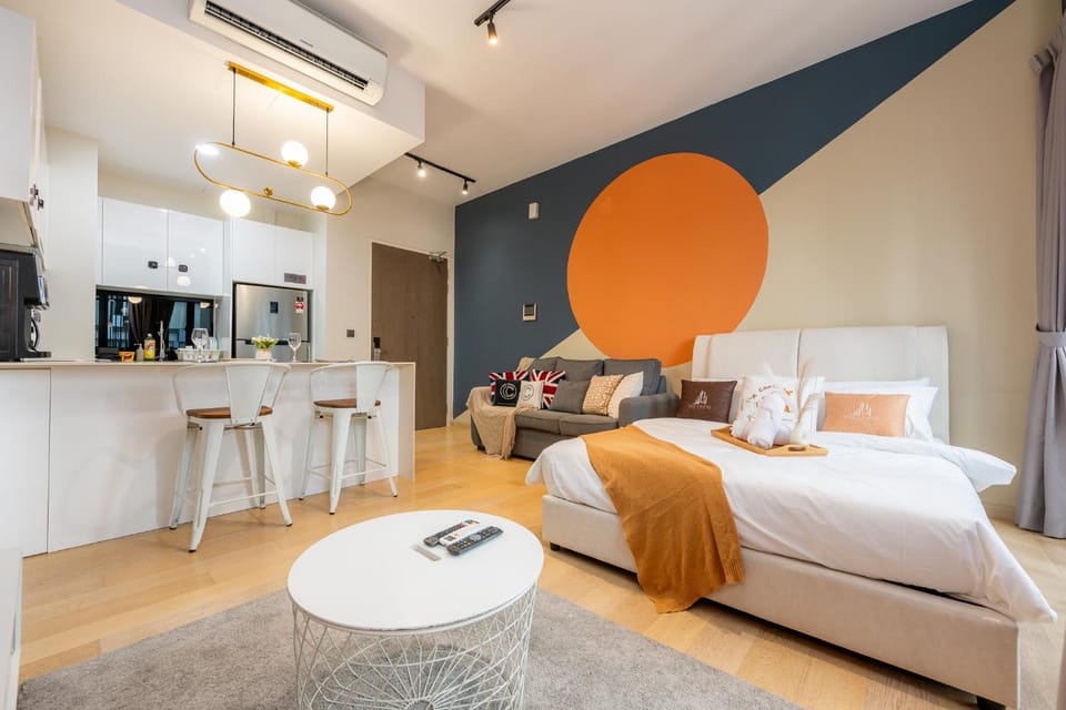 Bed, Living room, Seating area, kitchen