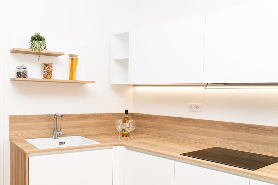 Kitchen or kitchenette, stove