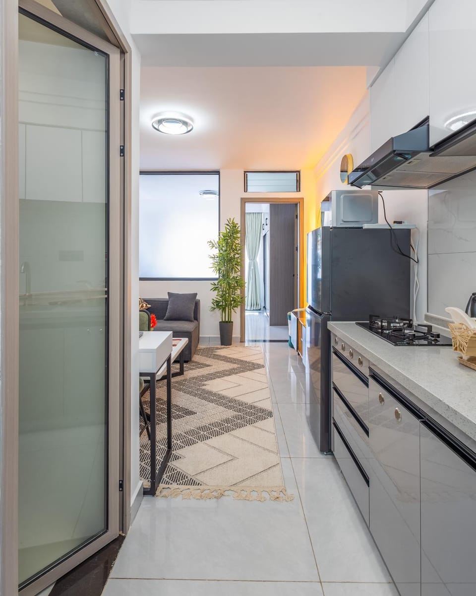Kitchen or kitchenette, stove