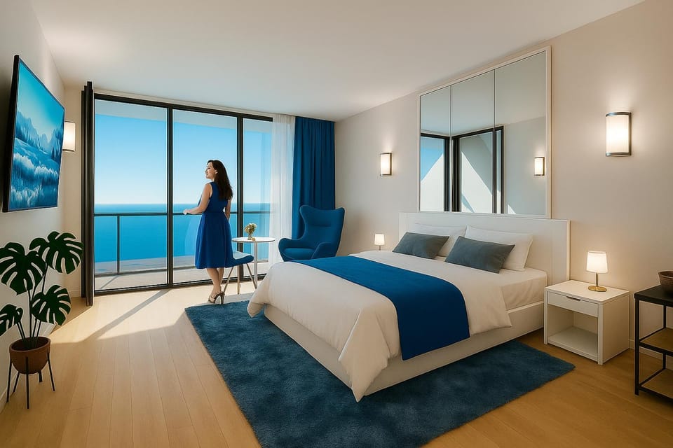 Communal lounge/ TV room, Bed, Natural landscape, TV and multimedia, Living room, Photo of the whole room, Seating area, Evening entertainment, Sea view