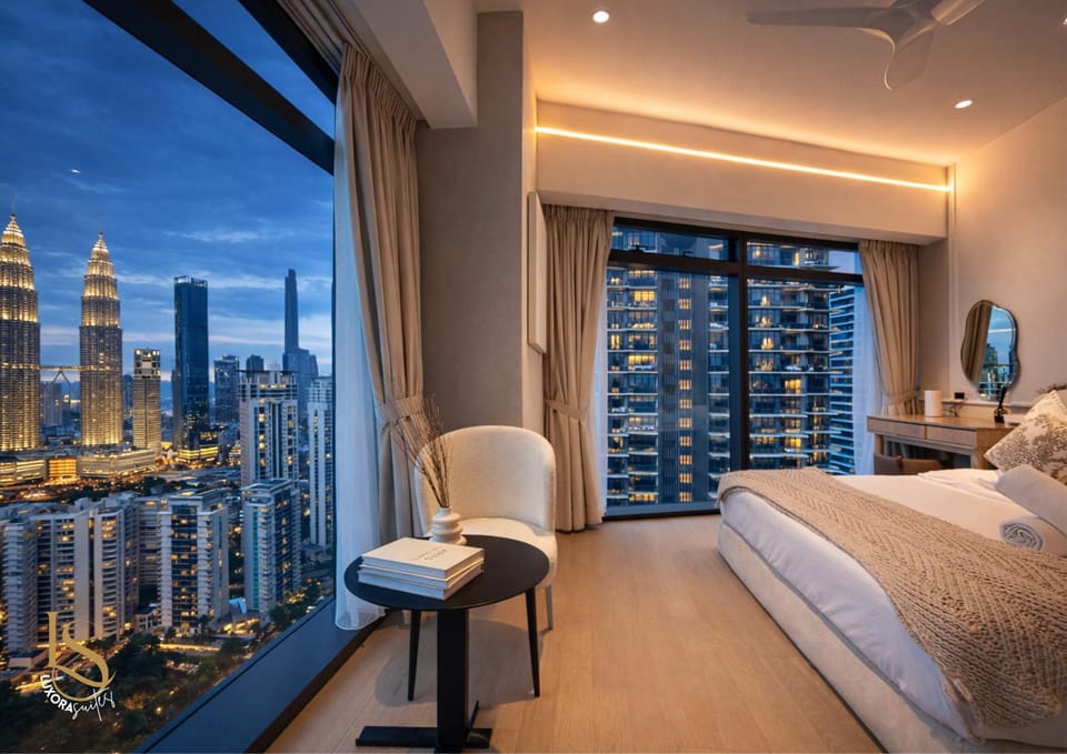 Bed, Night, View (from property/room), Photo of the whole room, Seating area, Bedroom, City view