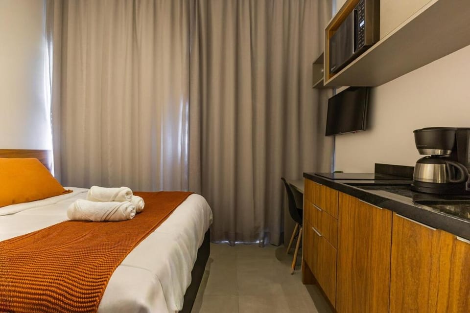 Bed, TV and multimedia, microwave, towels