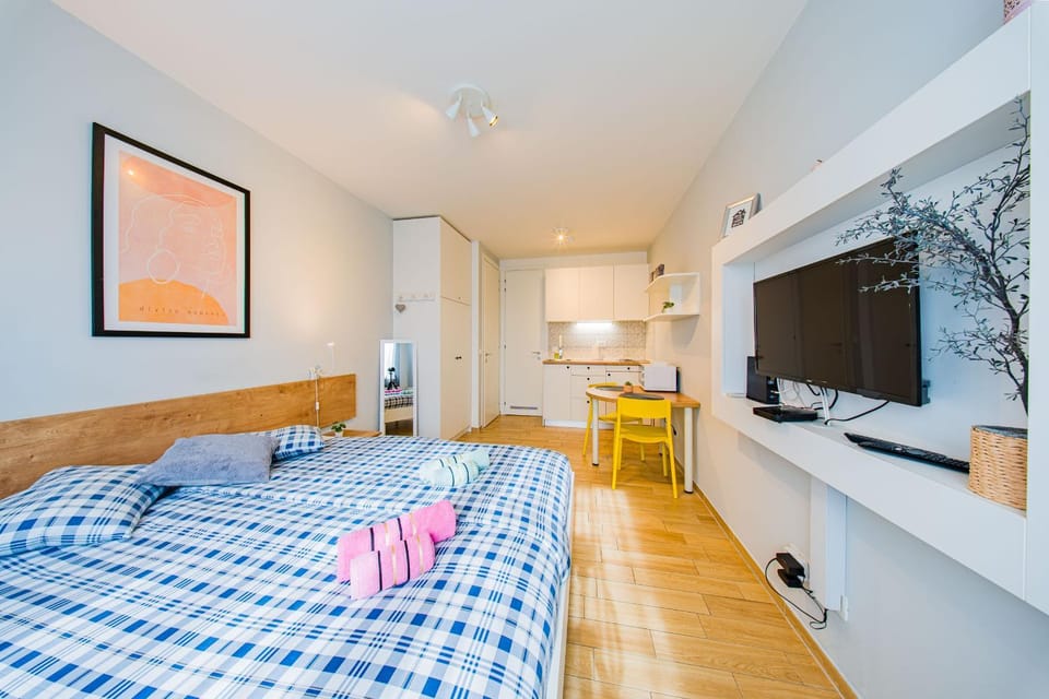 Bed, TV and multimedia, Kitchen or kitchenette, Photo of the whole room, Seating area, towels, wardrobe