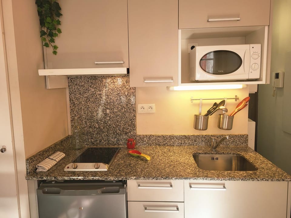 Kitchen or kitchenette, microwave, stove