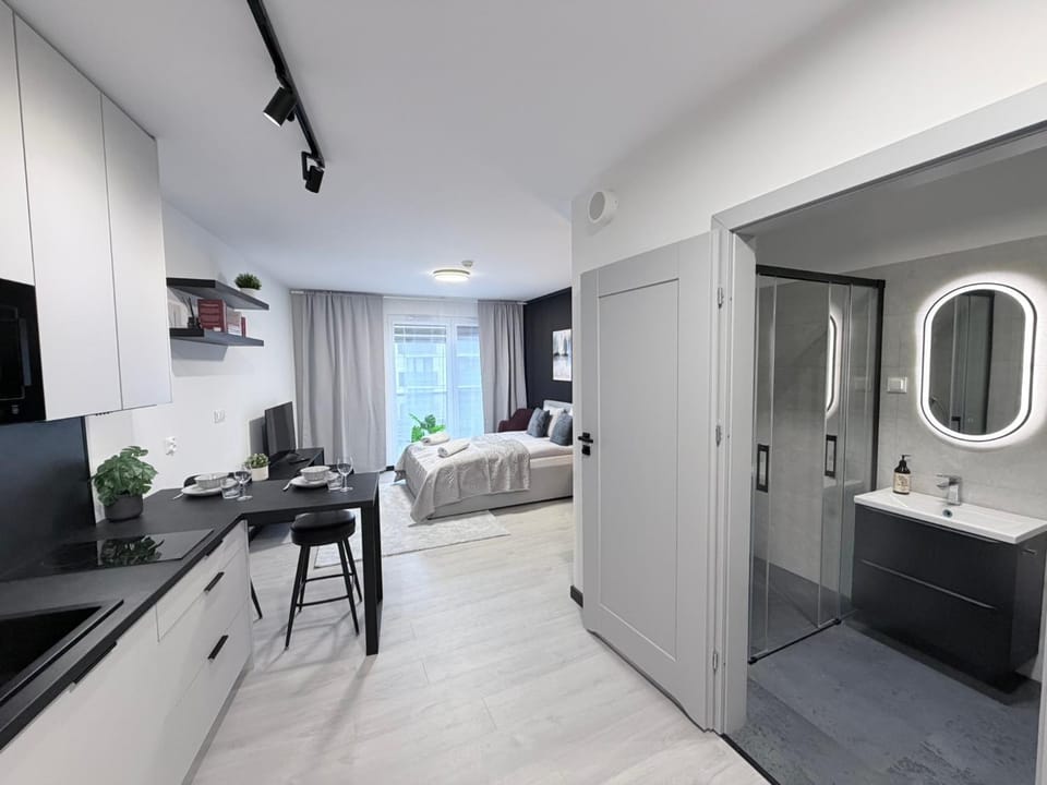 Bed, Bathroom, TV and multimedia, Kitchen or kitchenette, Living room, Photo of the whole room, Seating area, Bedroom