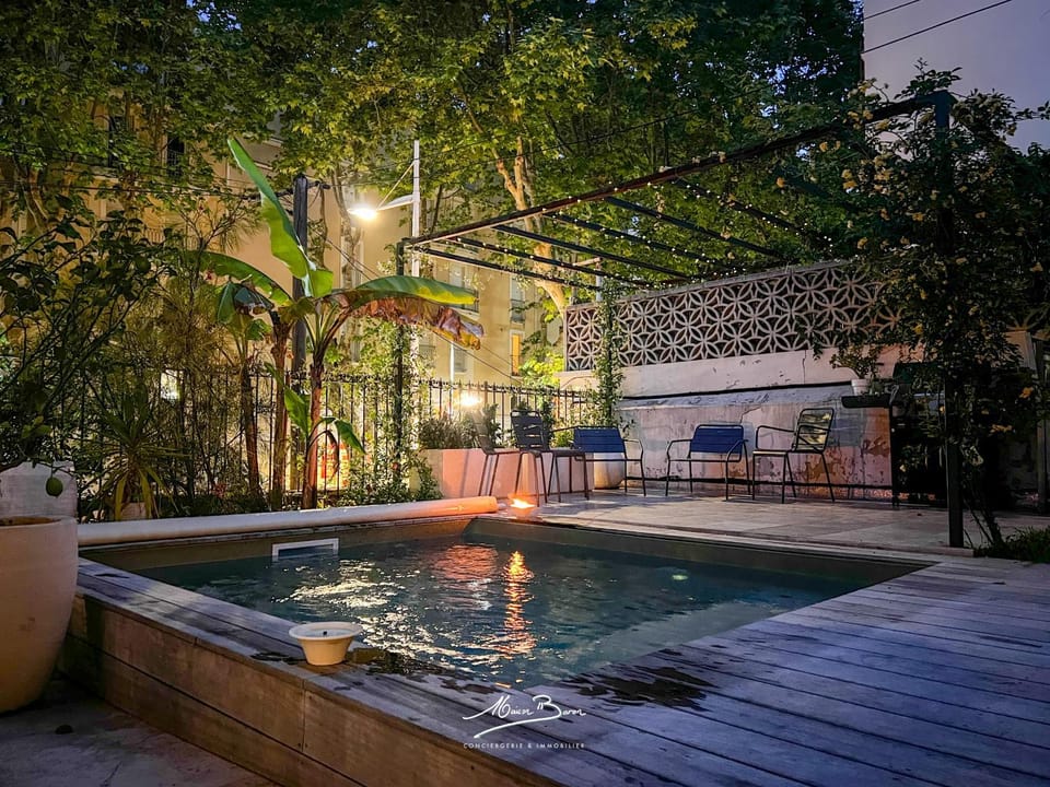 Property building, Night, Garden, Garden view, Pool view, Swimming pool
