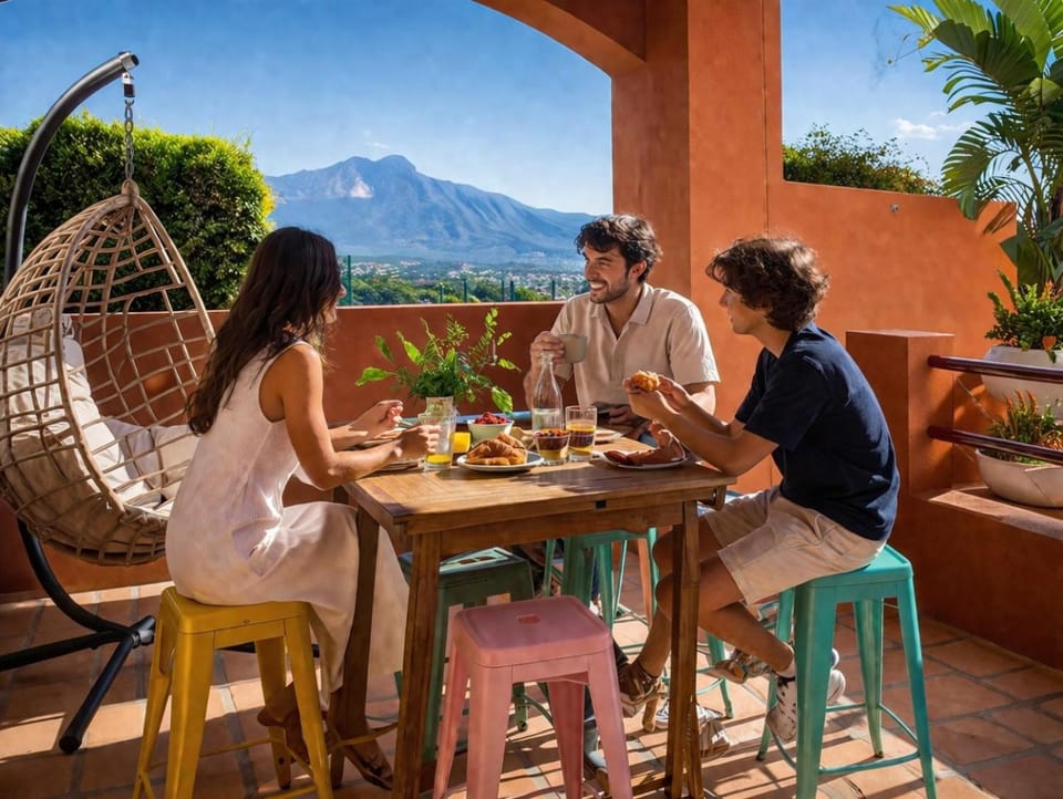 Balcony/Terrace, Dining area, Mountain view, group of guests
