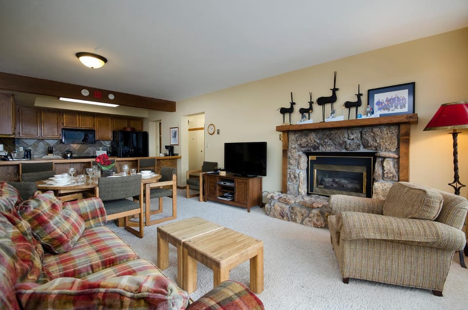 TV and multimedia, Kitchen or kitchenette, Living room, Seating area, Dining area, fireplace, furniture
