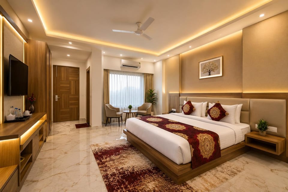 Communal lounge/ TV room, Bed, TV and multimedia, Living room, Photo of the whole room, Seating area, Evening entertainment, Bedroom, fireplace, wardrobe, air conditioner